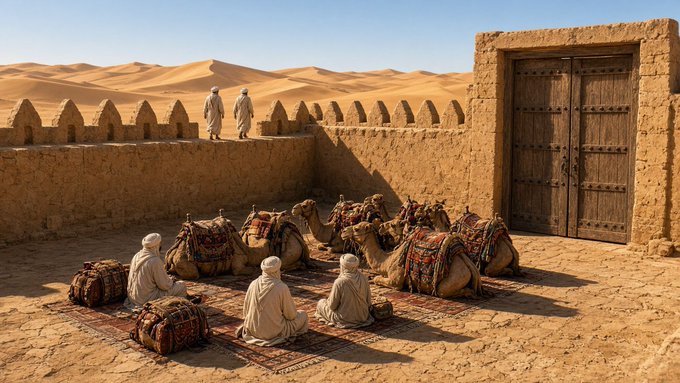 A desert scene with several people in white robes seated on patterned rugs around resting camels, with sand dunes and a large wooden gate in the background.