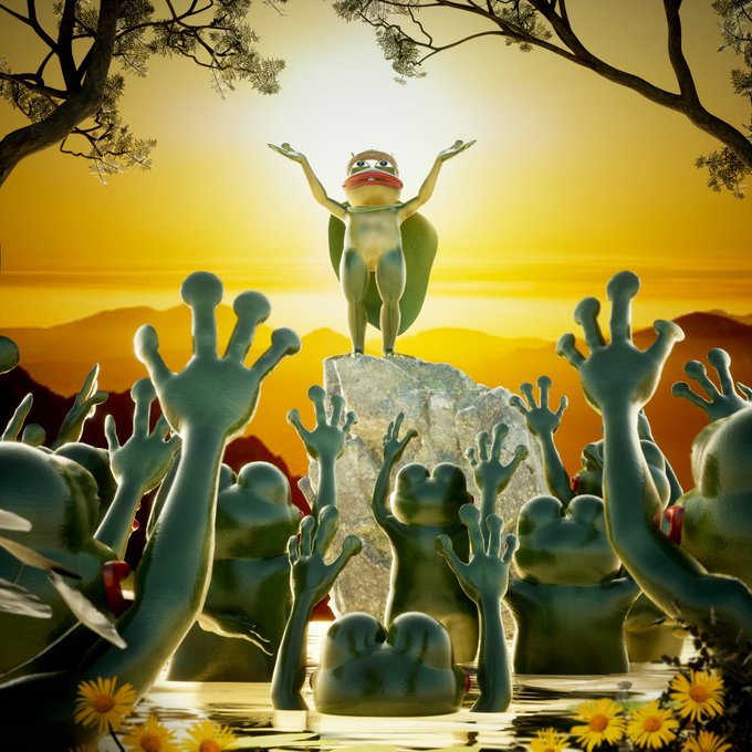 A triumphant frog figure stands atop a stone pedestal with arms raised victoriously against a glowing sunset, surrounded by an adoring crowd of frogs reaching up in worship. The scene reflects the post's theme of community engagement and loyalty, symbolizing how @TrustUsNFT's holders rally behind the project like devoted followers celebrating a charismatic leader.