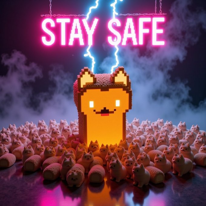 A 3D-rendered digital art piece showing a glowing orange pixel-style cat figurine standing in a crowd of smaller white cat figurines, beneath a pink neon "STAY SAFE" sign struck by blue lightning bolts against a smoky purple background.