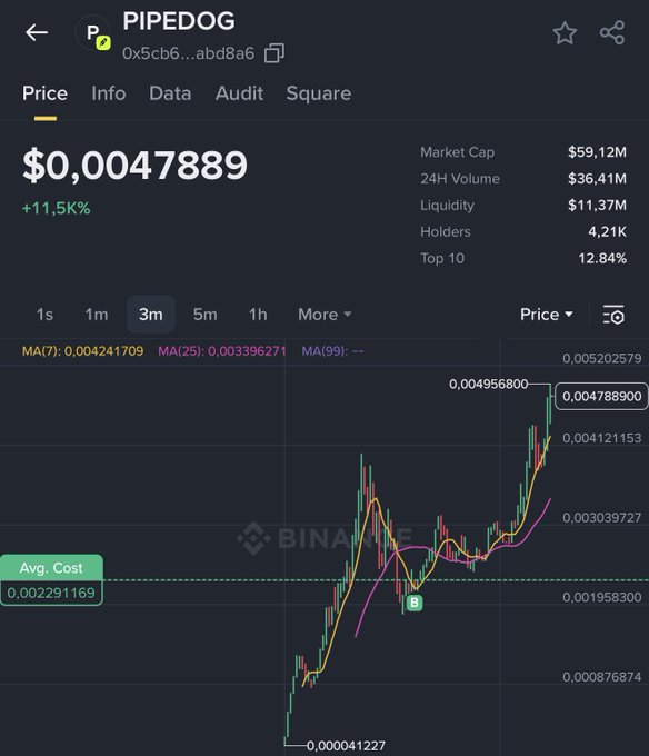 A Binance chart shows the PIPEDOG token at $0.0047889 with +11.5% gain, a $59.12M market cap, $36.41M 24H volume, and 4.21K holders.