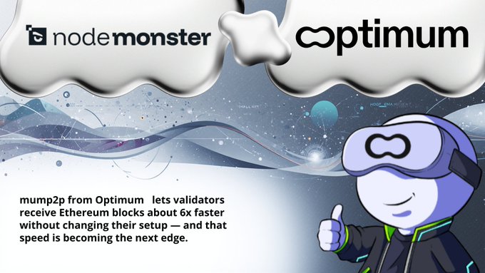 A promotional graphic for node monster and Optimum featuring a cartoon character wearing a VR headset, with text explaining that mump2p from Optimum lets validators receive Ethereum blocks about 6x faster.