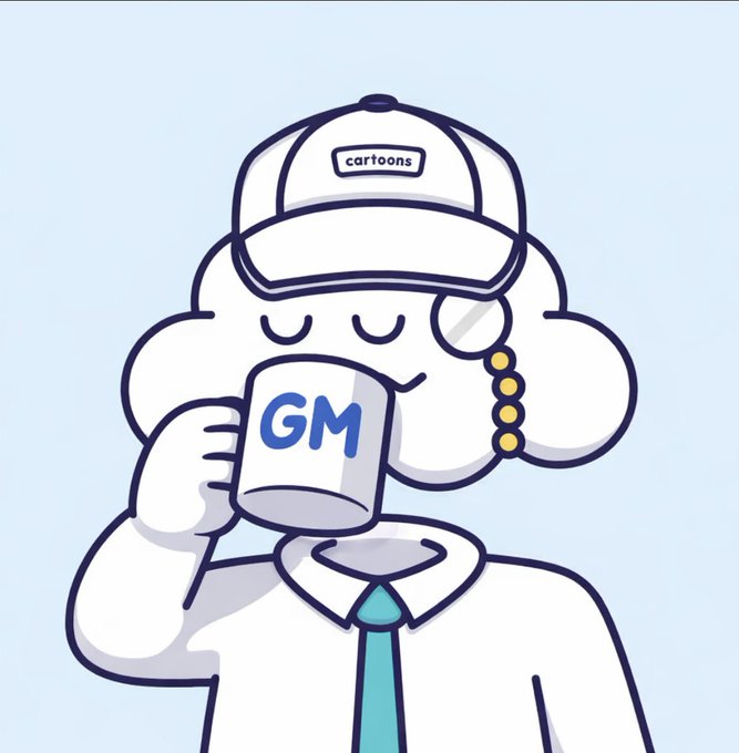A cartoon illustration of a fluffy white character wearing a 'cartoons' branded cap and tie, peacefully drinking from a white mug labeled 'GM'.