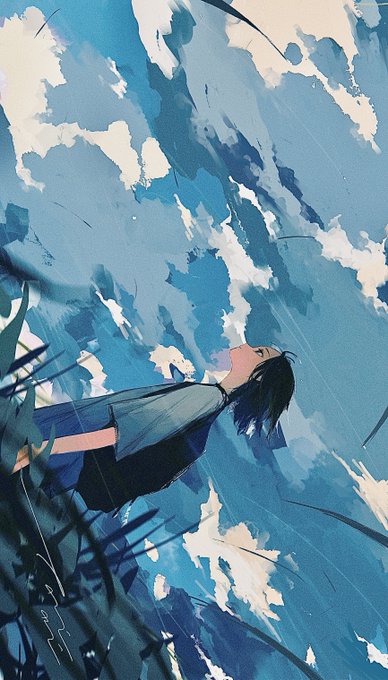 A stylized anime-style digital illustration of a girl with dark hair floating or swimming upward through a vibrant blue sky filled with dramatic clouds.