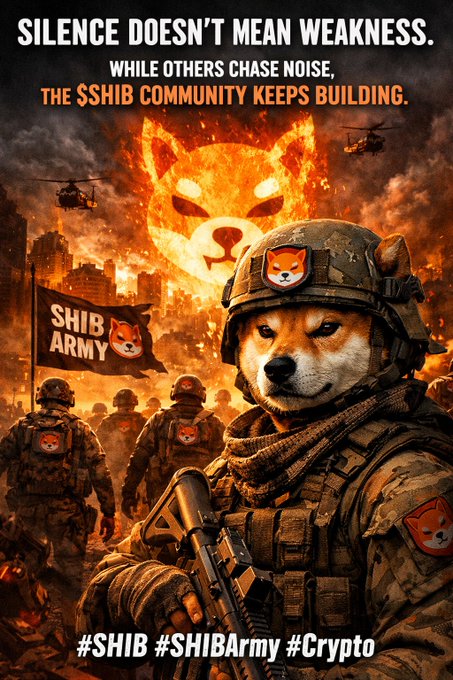 The image features a Shiba Inu dog dressed as a soldier with a gun, standing next to a banner that says "SHIB Army" and "#SHIB #SHIBArmy # Crypto". The caption of the image reads "Silence doesn't mean weakness. While others chase noise, the $SHIB community keeps building." This message is related to the Shiba Inu army dog in the image as it represents a symbol of strength and courage, which aligns with the idea that silence can be a powerful tool against noise or distractions.