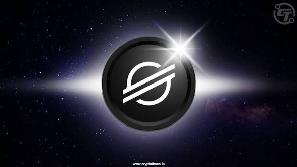 A dark logo for Stellarpay with a stylized "S" symbol centered in a circular emblem against a starry space background with a bright light flare, branded with cryptotimes.io.