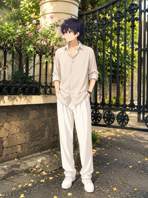 An anime-style illustration of a young man with dark purple hair wearing a white shirt and pants, leaning against a stone pillar beside a black wrought-iron gate.
