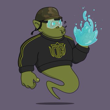 A cartoon green ghost-like character wearing a camouflage cap, glasses, and a black jacket with yellow stripes, holding a blue flame in its hand.