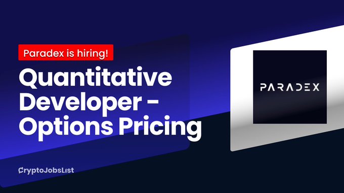 A job listing graphic with a dark blue background announcing "Paradex is hiring!" for a "Quantitative Developer – Options Pricing" position, featuring the Paradex logo on a laptop screen, sourced from CryptoJobsList.