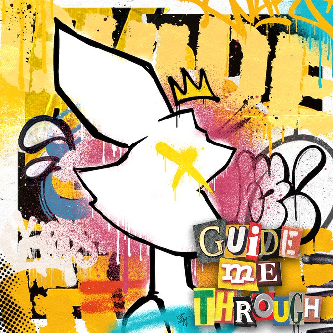 Colorful graffiti-style street art featuring a white bird/dove with a crown, paint splatters, and the text 'GUIDE ME THROUGH' in ransom-note style lettering.
