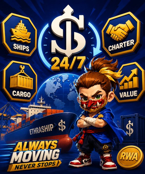 A digital illustration features a stylized character in a ninja mask beside a cargo ship labeled "ETHRASHIP," with surrounding badges for "SHIPS," "CARGO," "CHARTER," and "VALUE," plus text reading "24/7," "ALWAYS MOVING NEVER STOPS," and "RWA."