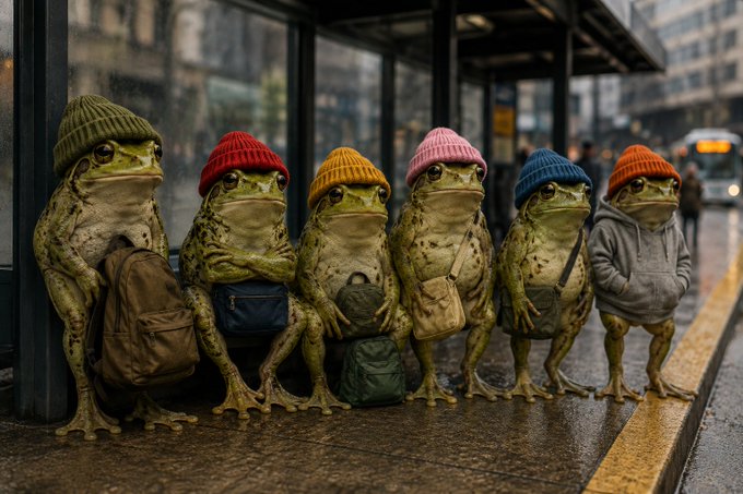 An AI-generated image depicting a group of frogs wearing colorful knit beanies and carrying bags or wearing hoodies, lined up at a bus stop shelter on a city street.