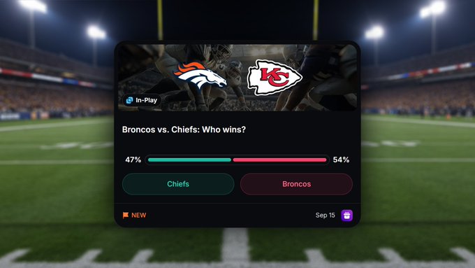 A sports app poll interface for an NFL game asks 'Broncos vs. Chiefs: Who wins?' with the Chiefs leading at 54% over the Broncos at 47%.