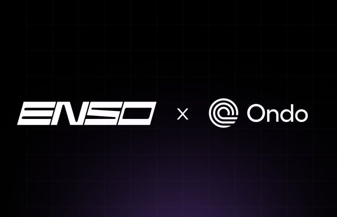 The image displays a partnership announcement between ENSO and Ondo, with their logos separated by an "x" on a dark grid background. The graphic visually represents the integration described in the post, where Enso's API enables Ondo's expanding portfolio of tokenized assets—including all 16 tokenized stocks—to be automatically available for 24/7 trading across any platform using Enso.