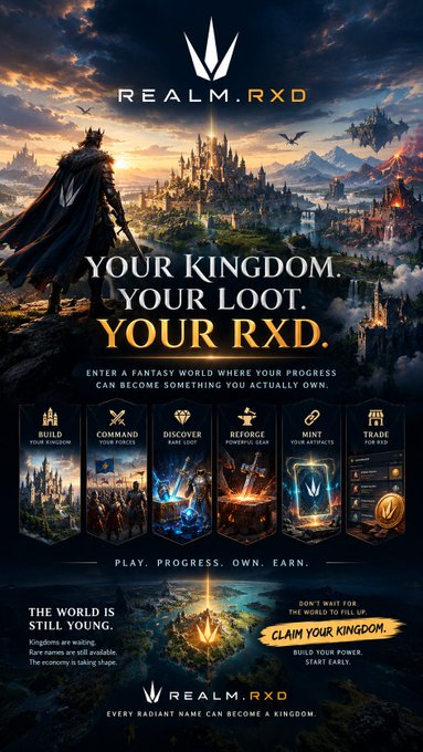 The image is a fantasy-themed promotional poster for "REALM.RXD," featuring a hooded king overlooking a majestic kingdom, with text reading "YOUR KINGDOM. YOUR LOOT. YOUR RXD." and "CLAIM YOUR KINGDOM." 

The poster visually supports the post by showcasing six core gameplay elements—Build, Command, Discover, Reforge, Mint, and Trade—corresponding to the features mentioned, while reinforcing the call to action with the message "THE WORLD IS STILL YOUNG. Claim your kingdom. Build your power. Start early."