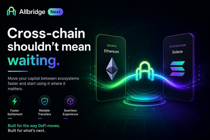 An Allbridge promotional graphic stating 'Cross-chain shouldn't mean waiting', illustrating a bridge between Ethereum (source) and Solana (destination) with features like Faster Settlement and Reliable Transfers.