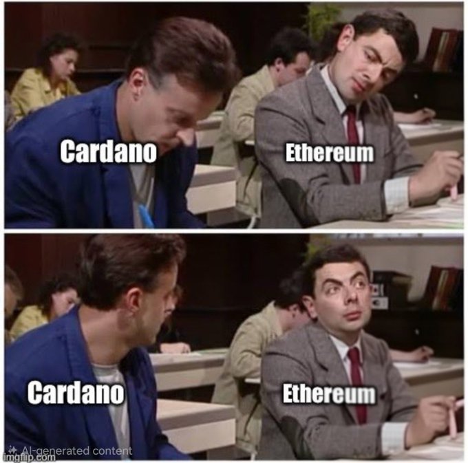 The image is a two-panel meme using the "Rowan Atkinson as Mr. Bean looking over" template, labeling the distracted-looking man on the left as "Cardano" and the man on the right as "Ethereum." The humor relates to the news about Vitalik Buterin's new "Lean Ethereum" roadmap by implying that Ethereum is distracted/busy formulating major new plans while Cardano is awkwardly trying to look over and observe what's happening.
