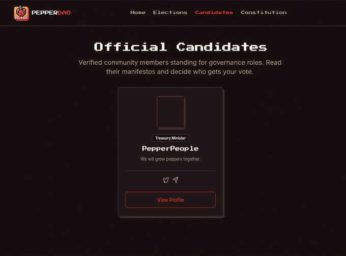The image shows a webpage with a banner at the top that says "Pepper People! Starting the day with another addition to the $PEPPER Parliament." Below this, there is a list of candidates for the Treasury Minister position, including one named PepperPeople. The text on the page indicates that the candidates are currently in the nomination phase and have been officially chosen by the government.