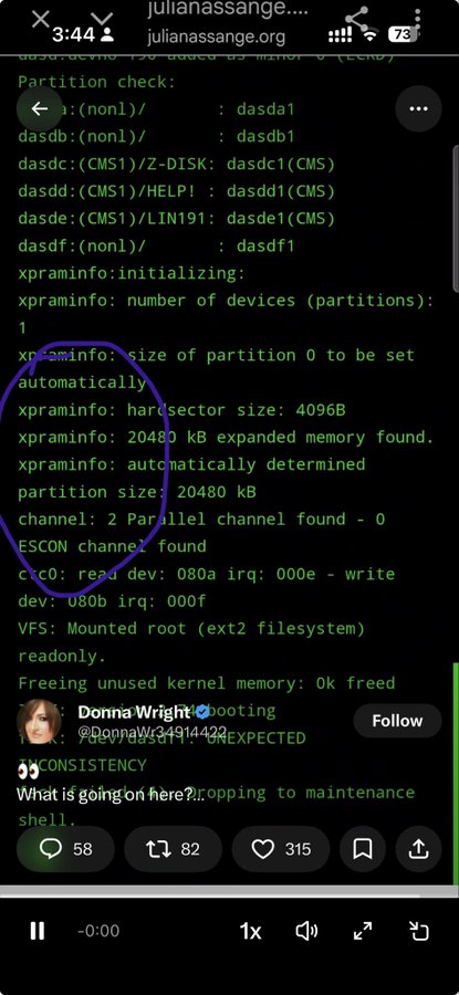 A smartphone screenshot shows a Twitter/X post by Donna Wright (@DonnaW34914429) overlaid on a terminal displaying boot/partition check output from julianassange.org, with a blue circle highlighting "xpraminfo: 20480 KB expanded memory found" among CMS partition details, connecting to the post's caption that jokes about Julian Assange knowing "XPR is the world's computer too," referencing the XRP/XPR cryptocurrency in relation to Assange's encrypted boot sequence.