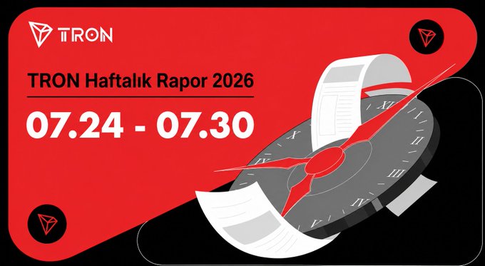 A promotional graphic for the "TRON Haftalık Rapor 2026" (TRON Weekly Report 2026) covering the dates 07.24 - 07.30, featuring the TRON logo and an illustration of a clock with paper receipts wrapped around it, symbolizing a weekly recap. The accompanying text highlights the report's coverage of technical infrastructure, network data, stablecoin usage, and new integrations, including a mention of Java-tron v4.8.2's improvements to TVM compatibility.