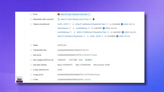 A screenshot of an Ethereum blockchain transaction details page showing token transfers from ether.fi contracts and settlement dispatcher, with a value of 0 ETH.