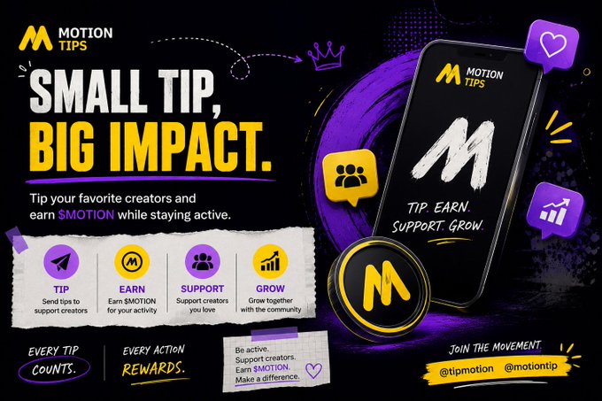 A dark-themed promotional graphic for 'MOTION TIPS' with the headline 'SMALL TIP, BIG IMPACT.' showing a smartphone, a yellow and black 'M' coin, and icons for TIP, EARN, SUPPORT, and GROW.