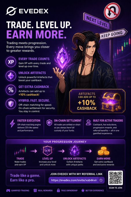 A purple-themed promotional infographic for EVEDEX titled 'TRADE. LEVEL UP. EARN MORE.' featuring a horned anime-style character holding a glowing crystal, detailing features like XP, Artefacts, cashback, and a referral link.