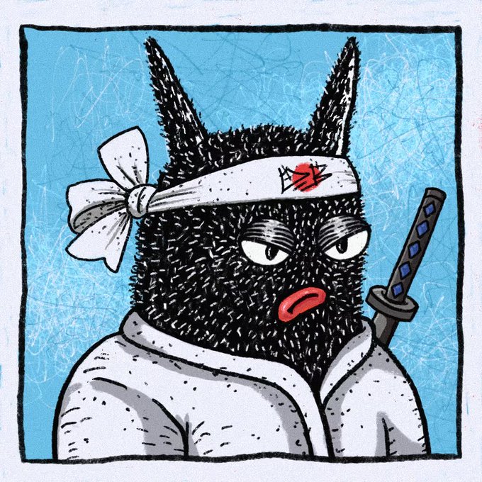 A stylized illustration of a black, furry, horned character wearing a white robe and a headband, with a katana sword visible behind its shoulder.