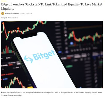 The image features a smartphone with an advertisement for Bitget stock, showcasing its integration with Litecoin. The phone is positioned towards the top left of the screen, displaying various charts such as those found within the trading market depicted below the advertisement. The text in the image emphasizes that Bitget has launched stocks 2.0 to link tokenized equities and live liquidity, providing an opportunity for investors to access low-cost stock trading options using tokens from Litecoin or Ripple.