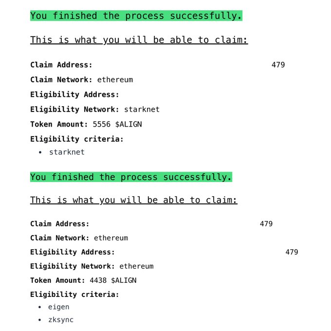 A terminal output showing successful token claims for $ALIGN tokens: 5556 $ALIGN with starknet eligibility, and 4438 $ALIGN with eigen and zksync eligibility criteria, all claiming to the same Ethereum address.