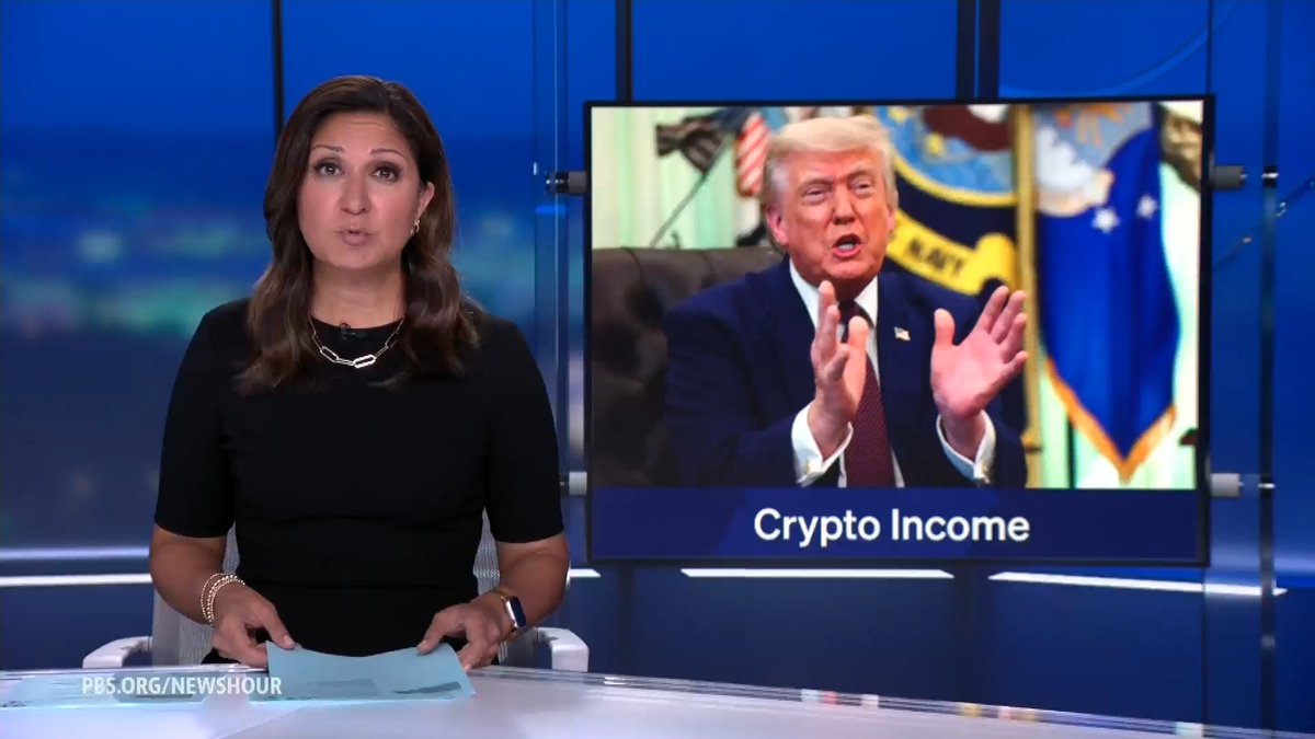 A news anchor reports on President Donald Trump's alleged over $1 billion in crypto income, with a screen displaying "Crypto Income" and an image of Trump.