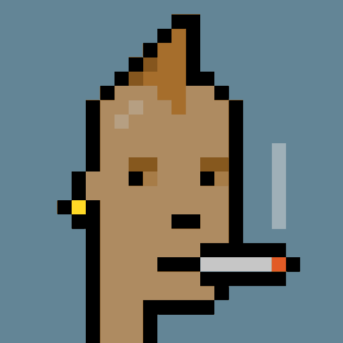 The image features a cartoon-style depiction of a person holding a cigarette, with their face prominently displayed. The background is a solid blue color that contrasts with the brown hair of the character. The caption "grabbed my first punk" suggests that this image might be related to or inspired by the punk rock genre in music and fashion.