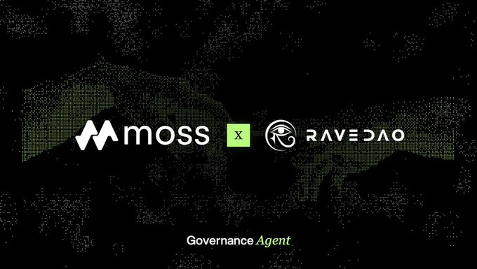 A partnership announcement graphic shows the logos for 'MOSS' and 'RAVEDAO' with 'X' between them over a dark green world map background, with the text 'Governance Agent' at the bottom.
