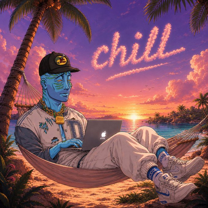 The image features a man sitting in a hammock, using his laptop while wearing a baseball cap with a "Chill" logo. The background of the image shows palm trees and an ocean at sunset, creating a relaxing beach atmosphere. The caption on the image reads "GM! 0.05 SOL to 2 actives Drop sol addy". This suggests that the man is enjoying some downtime by the beach while working or browsing the internet using his laptop.