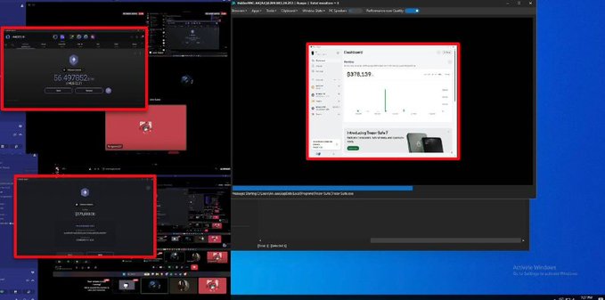 A computer screen shows streaming/recording software displaying a dashboard with the figures '56.497BSOL' and '$378,539' highlighted in red boxes, alongside a Broadcaster software interface.