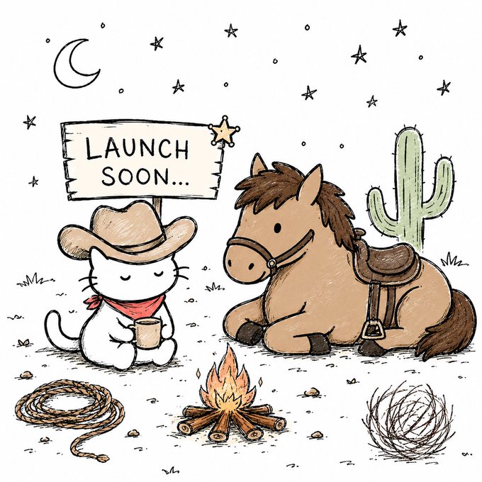 A cartoon illustration showing a white cat wearing a cowboy hat and red bandana sitting next to a brown horse with a saddle, with a campfire, lasso, and tumbleweed in the foreground, and a 'LAUNCH SOON...' sign, all set against a night sky with a crescent moon and stars.