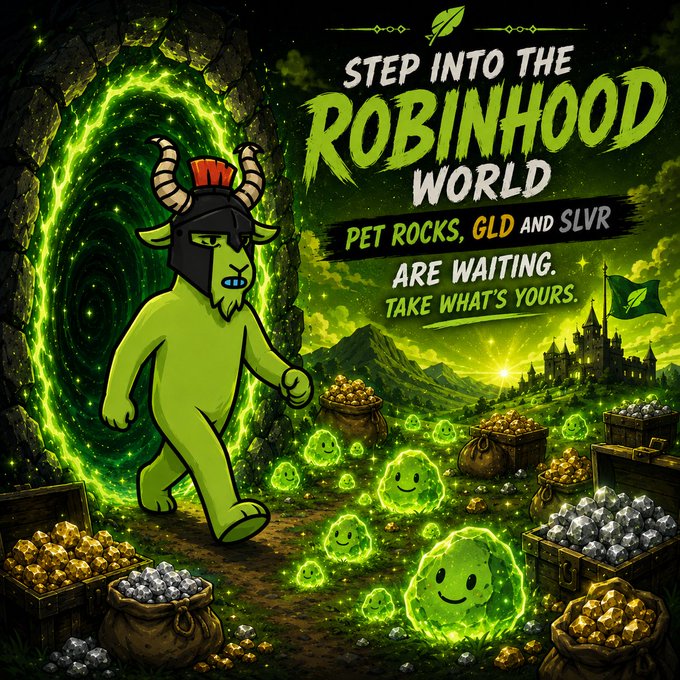 A digital illustration advertises a 'ROBINHOOD WORLD' with text reading 'STEP INTO THE ROBINHOOD WORLD,' 'PET ROCKS, GLD AND SLVR ARE WAITING. TAKE WHAT'S YOURS,' featuring a green horned character surrounded by gold and silver ore.