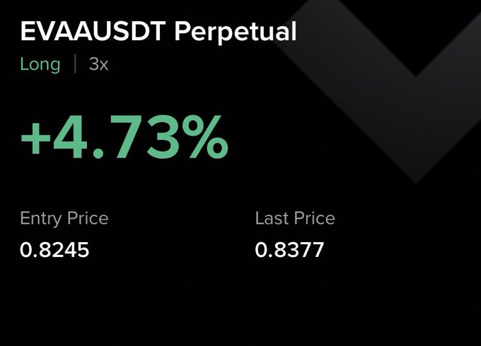 The image shows a "Long $EVAA" perpetual trade with a profit of +4.73%, an entry price of 0.8245, and a last price of 0.8377. This visually represents the successful trade mentioned in the accompanying post.