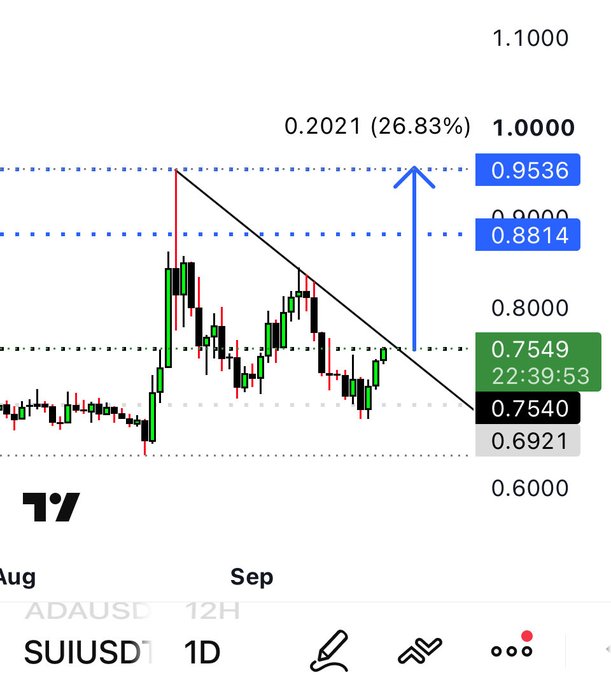 The image is a TradingView 12H candlestick chart for SUIUSD with a descending trendline and projected target levels, showing current price at 0.7540 and an upside target near 0.9536 (a 26.83% gain), aligning with the bullish "$SUI Send it!" sentiment in the post.