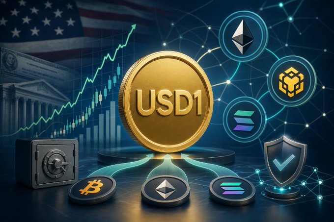 The image is a post that features an American flag, coins, and various other elements related to cryptocurrency. A gold US dollar coin with the text "USD1" is displayed prominently in the center of the frame. Surrounding this central coin are various types of digital currency symbols and tokens. The background also includes a stock market chart that connects these coins together. In addition to this, there are some symbols representing Bitcoin as well. The post appears to be discussing Bitcoin and cryptocurrency values over time or making connections between different forms of money, which highlights the ongoing evolution and growth in the world of digital currency.