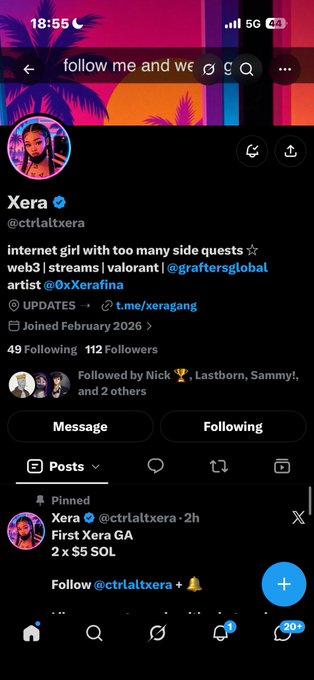 An Instagram profile page for 'Xera' (@ctrlaltxera), described as an internet girl with side quests who streams Valorant, showing 49 Following, 112 Followers, and a pinned 'First Xera GA 2 x $5 SOL' post.
