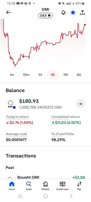A mobile screenshot shows a cryptocurrency portfolio on what appears to be a trading app, displaying 1,008,788.34 OMI tokens worth $180.93, with a recent transaction showing a $3.00 OMI purchase—matching the post's announcement of buying the minimum amount to prepare for the "OMI Unlimited" launch.