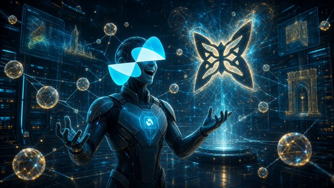 A digital illustration of a humanoid figure in futuristic armor with a glowing blue butterfly-like mask, standing with outstretched hands before a large holographic butterfly emblem in a network of floating golden orbs.
