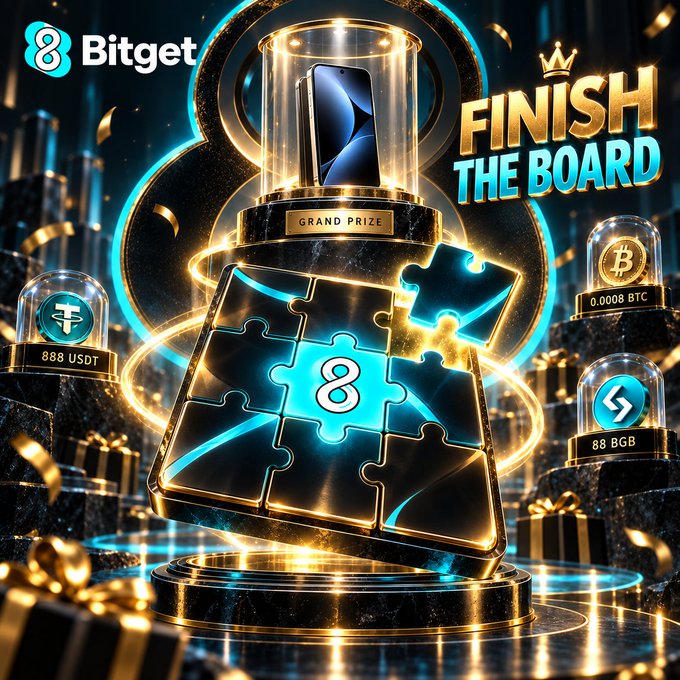 A Bitget promotional graphic titled 'FINISH THE BOARD' featuring a grand prize smartphone, puzzle pieces, and cryptocurrency rewards including 888 USDT, 0.0008 BTC, and 88 BGB.