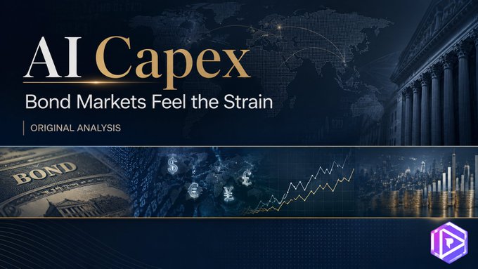 A graphic titled 'AI Capex: Bond Markets Feel the Strain' labeled 'ORIGINAL ANALYSIS' with a world map, currency symbols, and a financial chart, watermarked by a purple play-button logo.