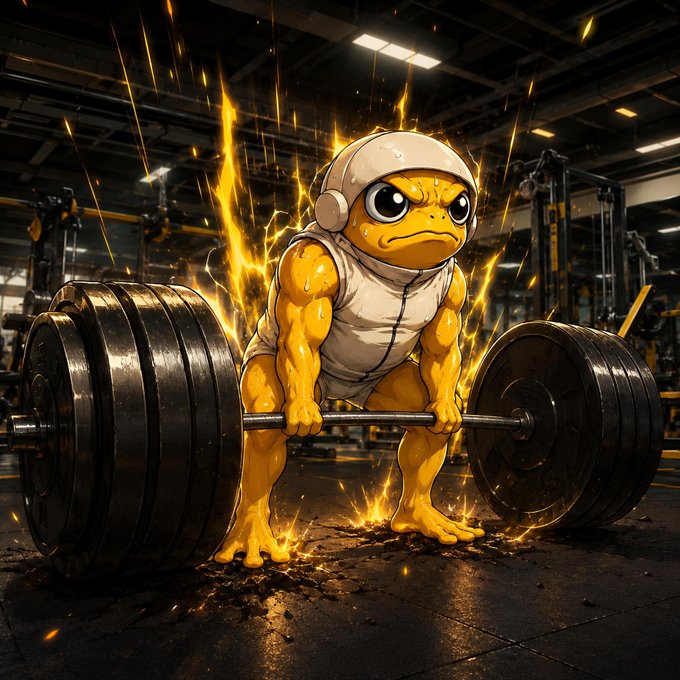 A muscular yellow creature wearing headphones performs a heavy deadlift in a gym, surrounded by fiery sparks and an intense aura. The image visually captures the "overcaffeinated, turbocharged pre-workout energy" referenced in the $TURBO post, emphasizing extreme intensity and raw power.