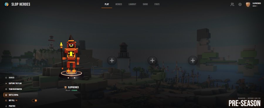 A player named "SLOPMEMER" selects the "BATTLE ROYAL" game mode in the Slop Heroes main menu, featuring a blocky red ninja character on a voxel island with a "PRE-SEASON" banner and "RANKED - OPEN LION 30" visible in the corner, illustrating the launch of the first battle royale web3 game built on Solana.