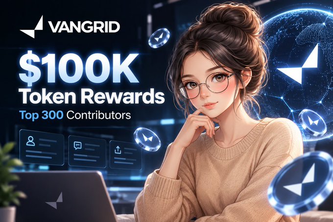 A VANGRID promotional graphic for '$100K Token Rewards Top 300 Contributors' featuring an illustrated anime-style woman with glasses, surrounded by floating VANGRID token logos.