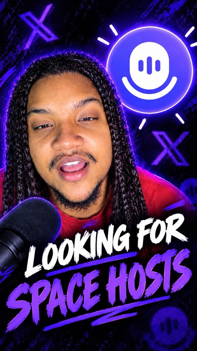 A promotional graphic for Space Hosts featuring a young man with long dark braids speaking into a microphone, with a glowing blue smiley face logo, purple X marks, and bold text reading 'LOOKING FOR SPACE HOSTS'.
