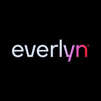 The image displays a logo for "everlyn®" in white and pink gradient text against a solid black background.