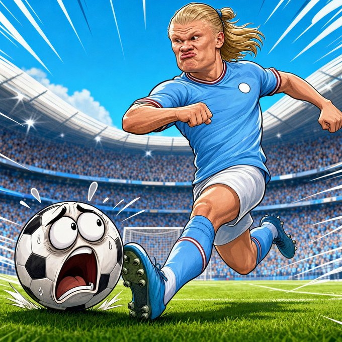 A cartoon illustration of a blonde soccer player in a light blue uniform running past a panicked anthropomorphic soccer ball in a stadium.